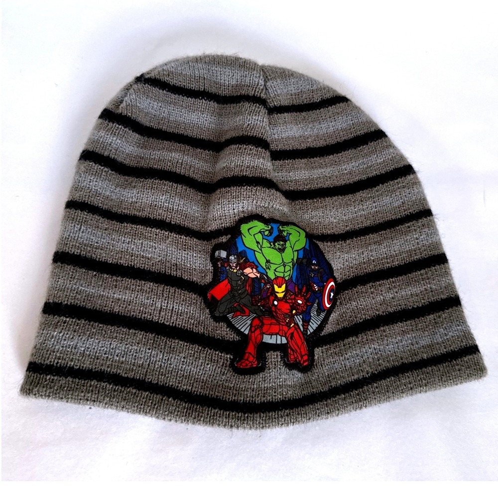 Marvel Avengers Beanie Hat Grey Black Striped Hulk Iron Man Thor Captain America